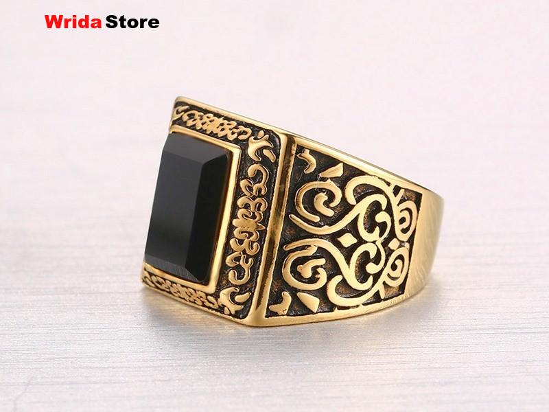 Rings for Men Stainless Steel Black Stone